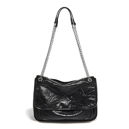 FOXER Women Genuine Leather + PU Shoulder Handbag Classic Fashion Black Tote Chain Bag