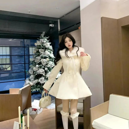 Christmas Lolita Kawaii Long Sleeve Long Blend Women Casual Pure Color Coat Sweet Anime Button Patchwork Bows 2025 Autumn