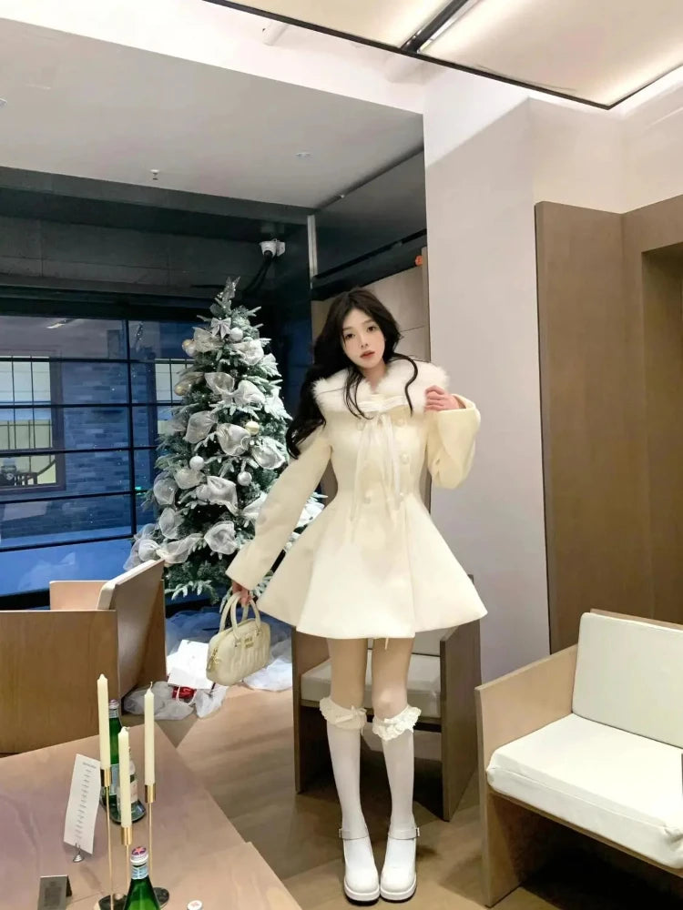 Christmas Lolita Kawaii Long Sleeve Long Blend Women Casual Pure Color Coat Sweet Anime Button Patchwork Bows 2025 Autumn
