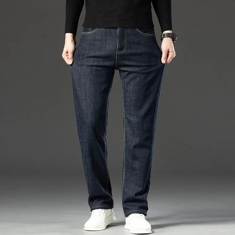 2026 Winter Thermal Stretch Jeans Men New Loose Straight Leg Casual Trousers Male Daily Commute Windproof Denim Pants
