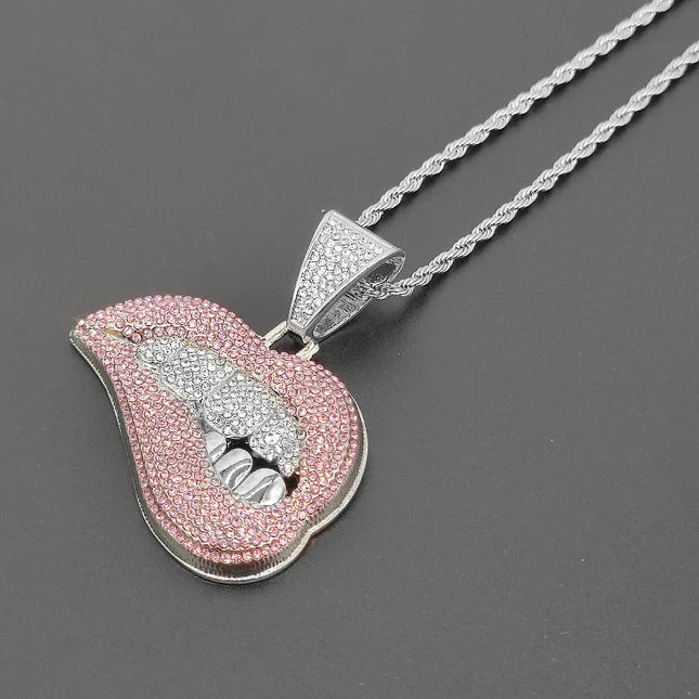 Collana con ciondolo a forma di labbro per morso hip-hop da donna per uomo con catena cubana in cristallo da 13 mm Collane hip-hop ghiacciate Bling Gioielli di moda PlatiNum