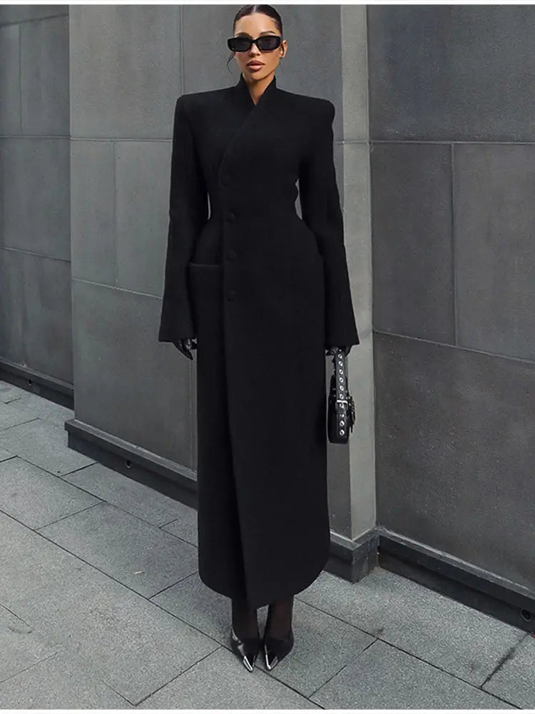 Women's Long Coat Slim V Neck Single Breasted Overcoats Shoulder Pad Maxi Jackets with Belt 2025 New Winter Lady Commute Outwear