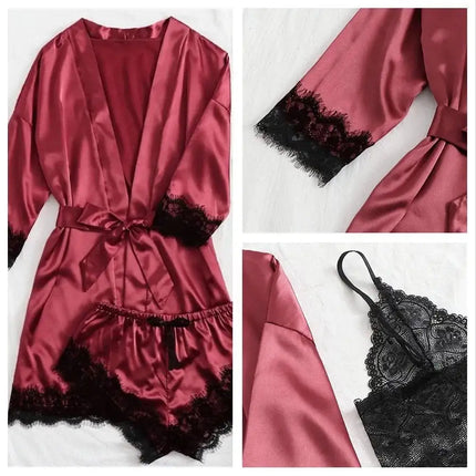 Pigiama da donna lussuoso con scollo a V in 4 pezzi camicia da notte sexy pizzo in raso halter accappatoio in raso di seta camicia da notte per la casa pigiama sexy per la casa platinumshop
