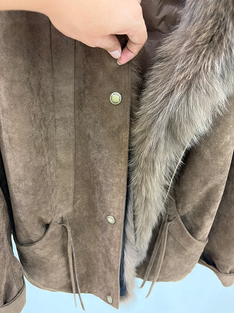 2026 Autumn Winter Women's White Goose Down Coats Natural Real Fox Fur Collar Jacket Outwear Luxury Female Jacket