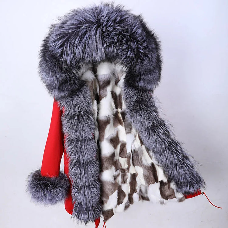Winter Long Jacket Real Fur Coat Women Clothes Large Silver Fox Fur Collar Detachable Natural Fox Lining Parkas Leather Fur