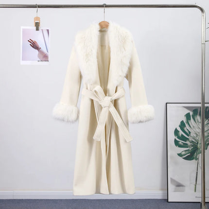 White Fur Patchwork Lace-up Overcoats Women's Street V-neck Full Sleeve Long Woolen Coat 2025 Winter New Ladies Thick Outwear