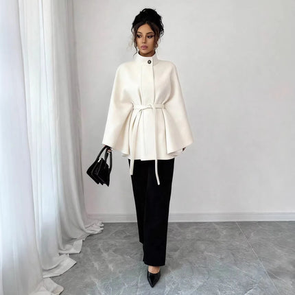 Elegant Women's Woolen Coat Autumn Winter Stand up Collar Cape Style Design Tie Waist Atmospheric Fashionable Ladies Outerwear