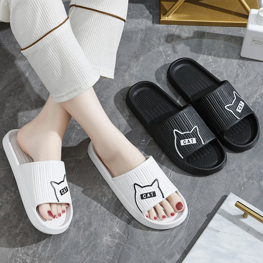 Women Slippers Bath Thick Platform Non-Slip Home Cat Cartoon Flip Flops Summer Beach Sandals Couple Slides Indoor Shoes