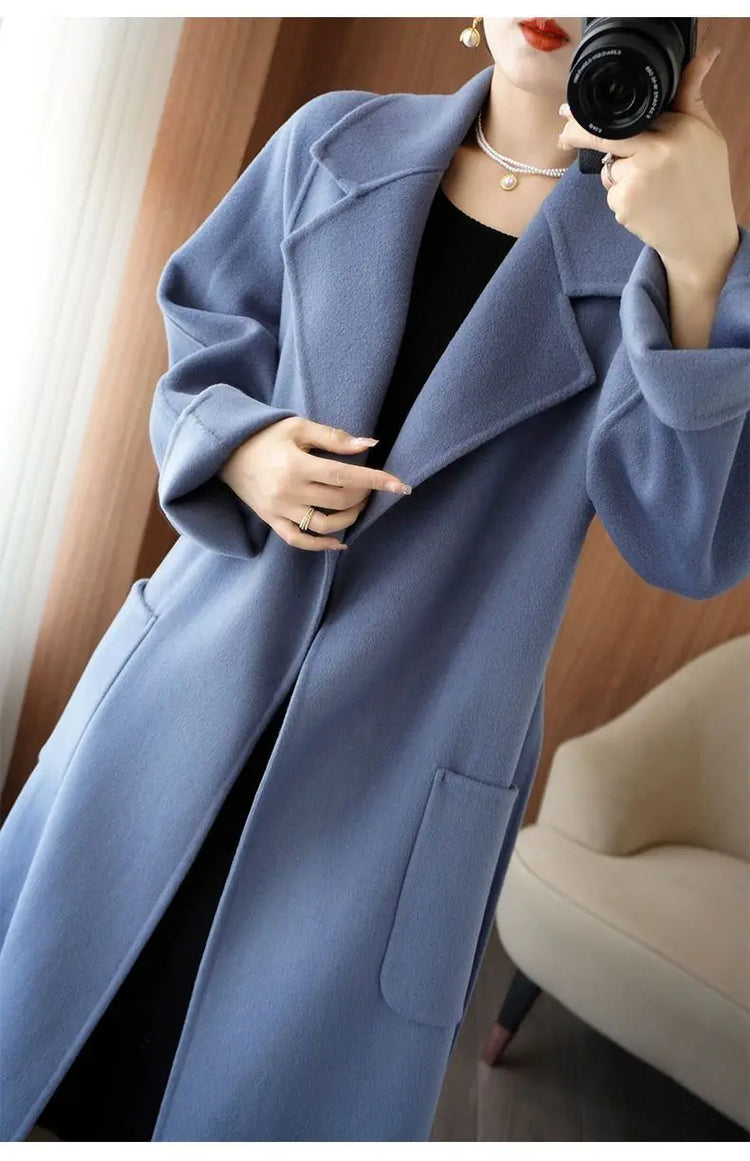 100% Wool Coat Women's Wear 2026 Autumn/Winter Fashion Temperament Double sided Cashmere Coats with Belt Elegant Long Overcoat