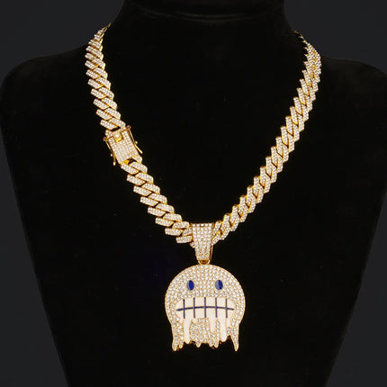 Men White Blue Cubic Zirconia Paved Hip Hop Round Face Pendants Necklaces with Cuban Chain Iced Out Bling CZ Fashion Boy Jewelry PlatiNum