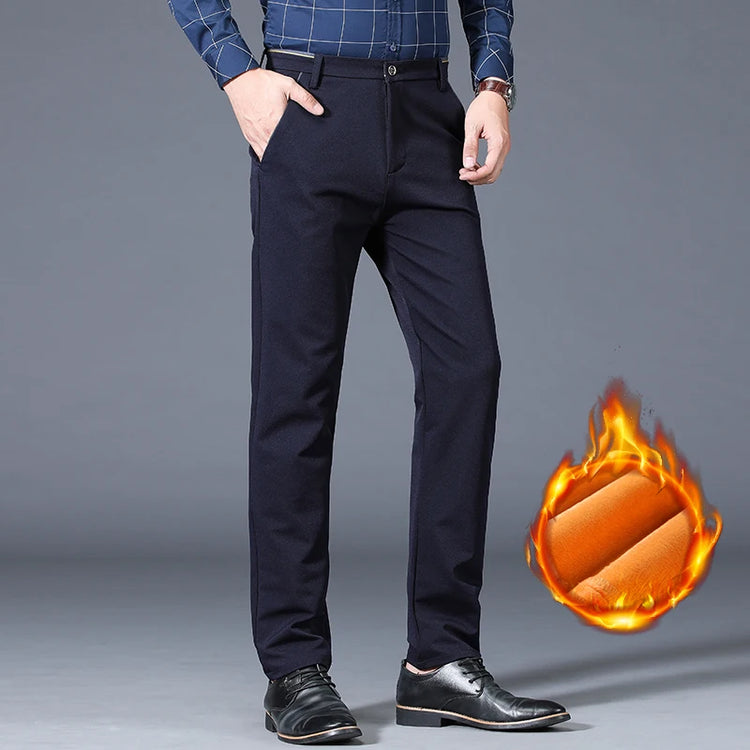Winter Warm Mens Fleece Suit Pants Business Office Straight Formal Thicken Casual Pants Elastic Classic Velvet Thermal Trousers