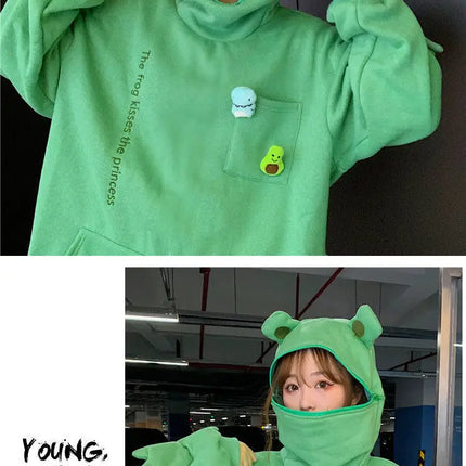 Y2K Autumn Winter Unisex Cartoon Frog Fleece Hoodies Loverly Zipper Loose Warm Sweatshirt Full Sleeve Harajuku Hooded Jackets