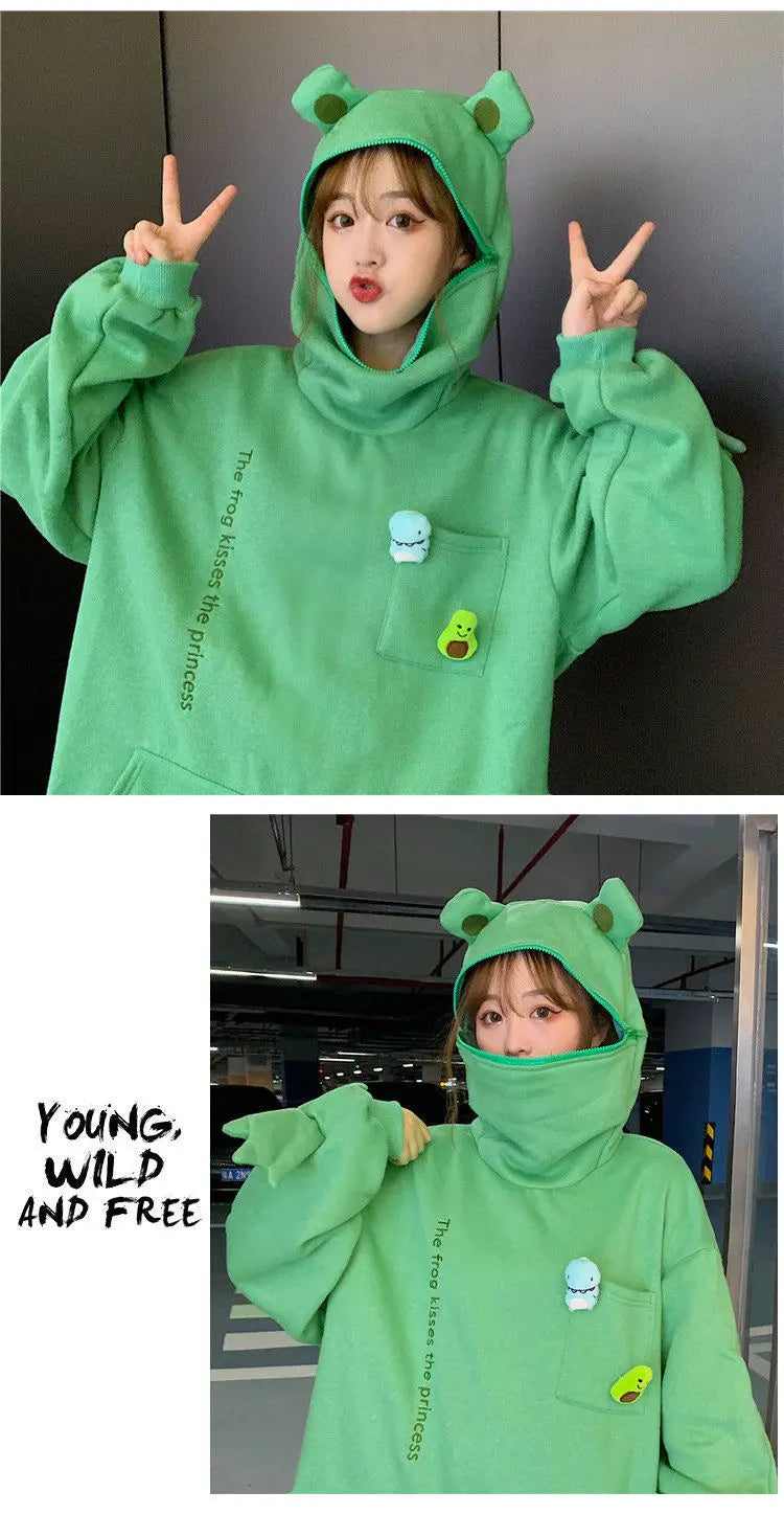 Y2K Autumn Winter Unisex Cartoon Frog Fleece Hoodies Loverly Zipper Loose Warm Sweatshirt Full Sleeve Harajuku Hooded Jackets