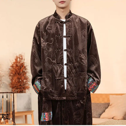 Giacca in velluto da uomo in stile cinese con stampa drago camicie da uomo tradizionale abito Tang Kung Fu Tai Chi camicie casual retrò abbigliamento da uomo