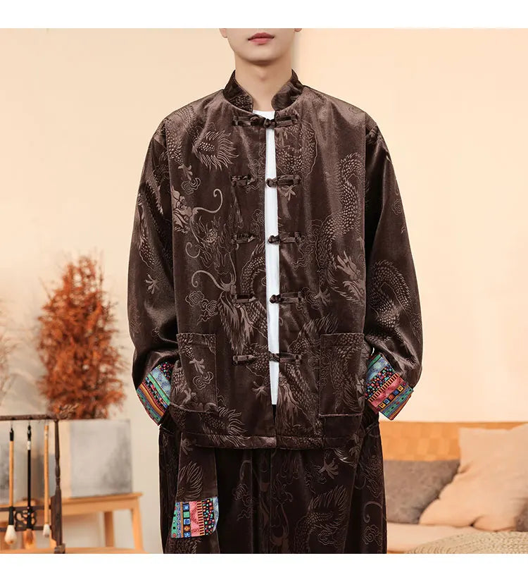 Giacca in velluto da uomo in stile cinese con stampa drago camicie da uomo tradizionale abito Tang Kung Fu Tai Chi camicie casual retrò abbigliamento da uomo
