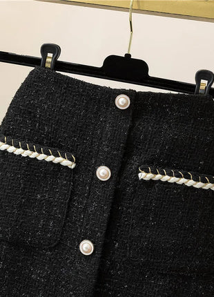 Women's Mid-Length/Short White Black Tweed High-Waist Woolen A-Line Autumn Winter Fragrant Silk Skirt PlatiNum