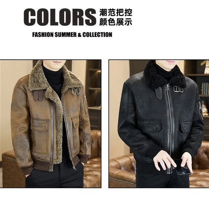 2025 Winter Fur Integrated Leather Jacket Men Thick Velvet Imitation Fur Leather Coat Loose Motorcycle Coat Casual Streetwear