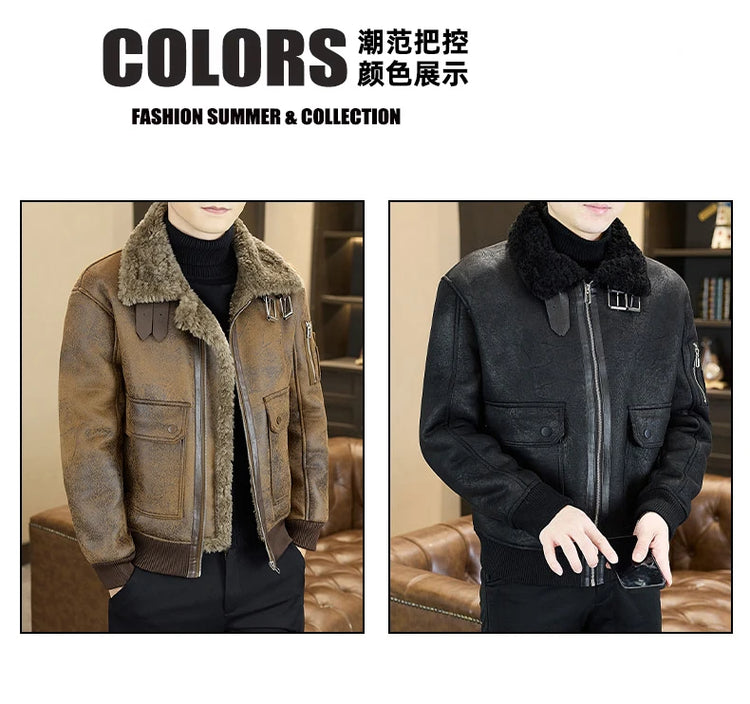 2025 Winter Fur Integrated Leather Jacket Men Thick Velvet Imitation Fur Leather Coat Loose Motorcycle Coat Casual Streetwear