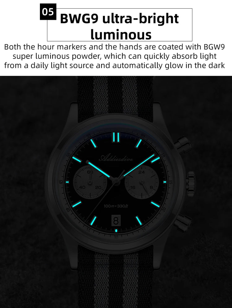 ADDIESDIVE AD2542 Luxury Quartz Chronograph Watch for Men Japanese 0S21 Movement 38mm Stainless Steel Case BGW9 Lume 100M Waterp