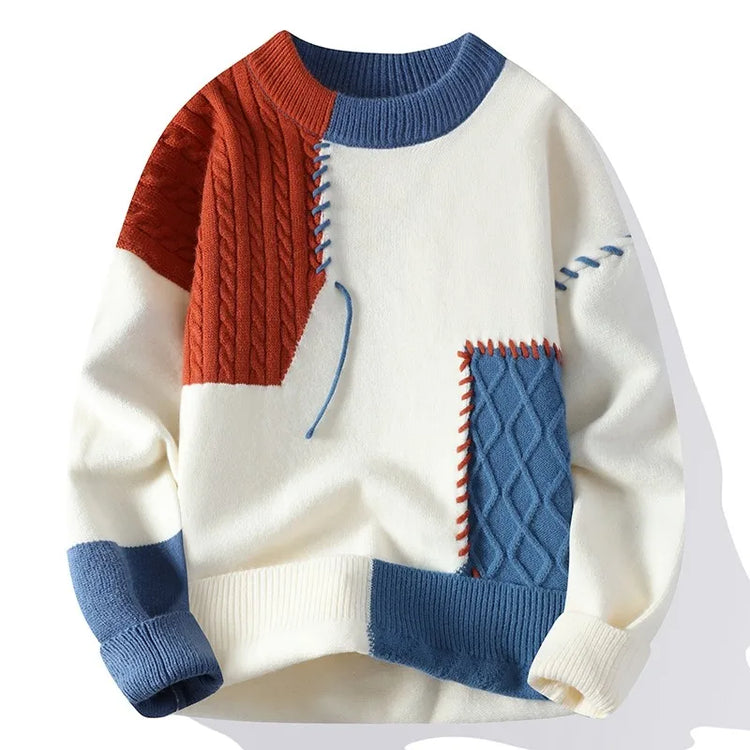 2024 Patchwork Knitted Sweater Trend High Street Autumn Winter Warm Men's Tops Hip-hop Street Clothing Fishing Sports Pullover