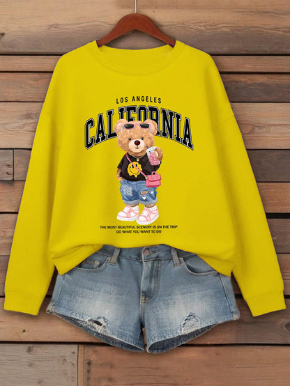 Little Bear Drinking Milk Tea Printed Women Pullover O-Neck Loose Streetwear Casual Autumn Clothes Fleece All-Match Sweatshirt