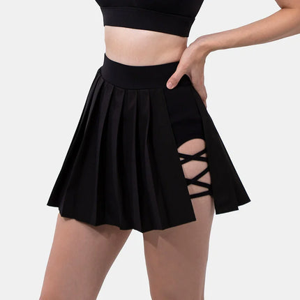 Minigonna estiva sexy da donna con bendaggio laterale, vita alta elasticizzata, con pantaloncini integrati, modello A-line slim, stile tennis, ideale per il club.