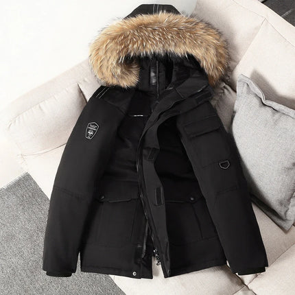 Winter Men's Warm Mountain SKi Parkas Fashion Men Fur Collar Mid-Long Down Padded Coats Men Windbreaker Thermal Hooded Jackets