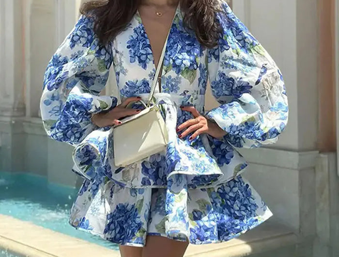 Elegante ed elegante Mini abito da donna con stampa floreale Chic scollo a v Puff manica lunga Mini abito con volant a doppio strato 2024 autunno nuovo