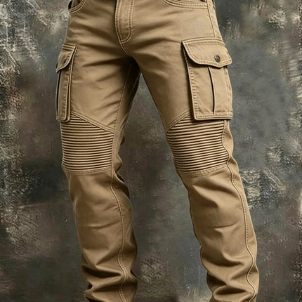 Men 100% Cotton Striped Spliced Cargo Pants Elastic Waist Multi‑Pocket Outdoor Casual Trousers Spring Autumn