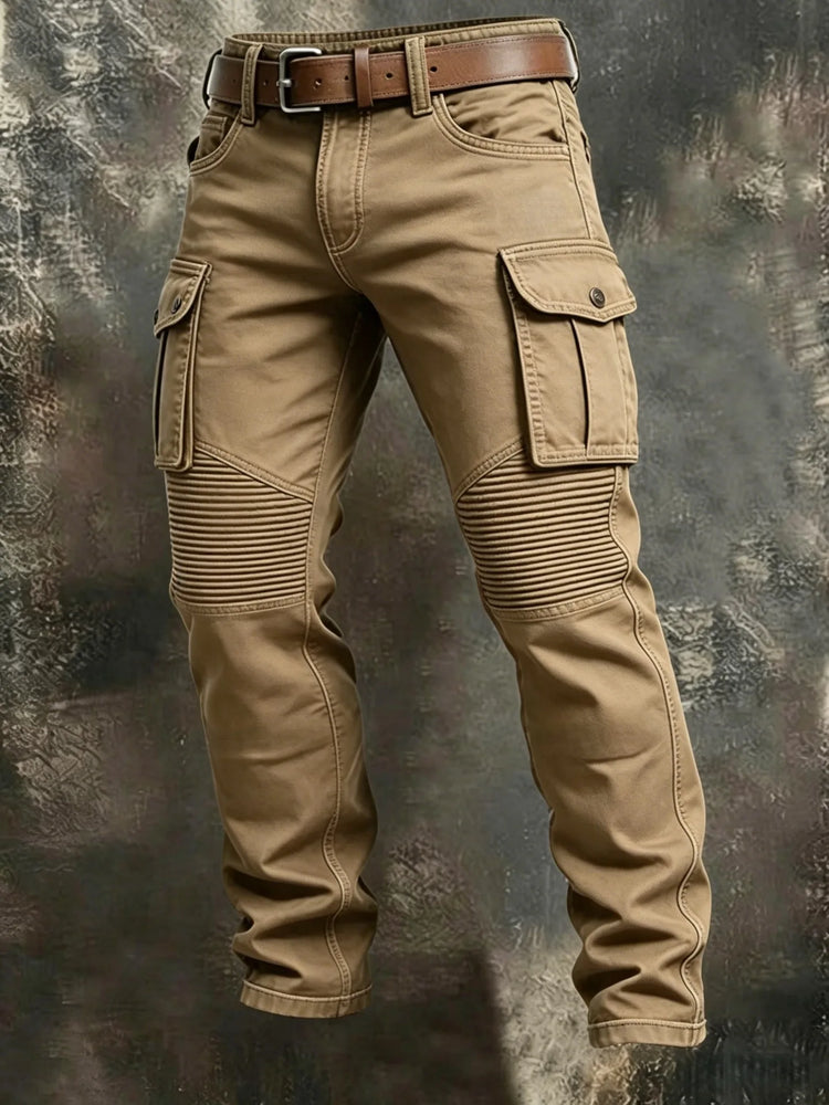 Men 100% Cotton Striped Spliced Cargo Pants Elastic Waist Multi‑Pocket Outdoor Casual Trousers Spring Autumn