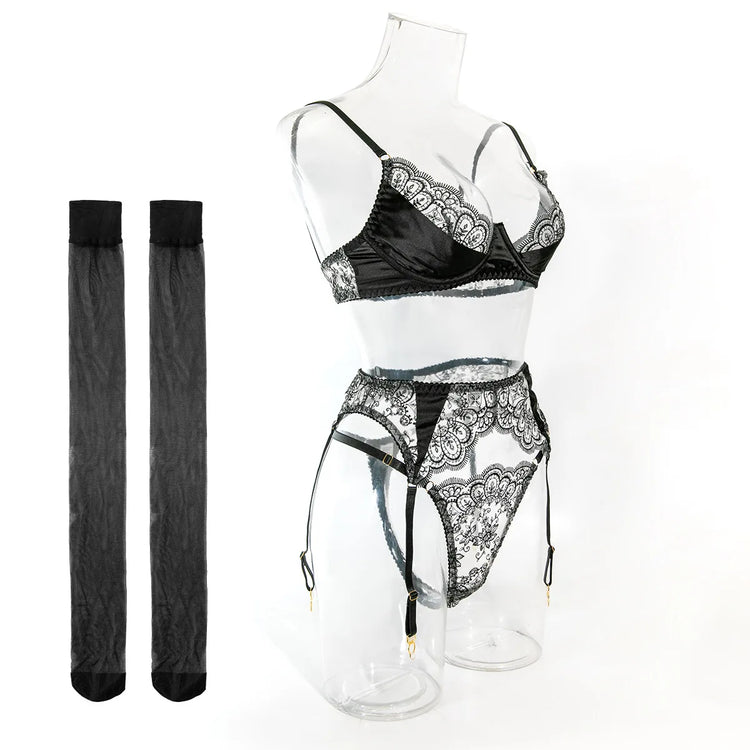 Sexy Wine Red Lace Trim Underwire Bra Lingerie Set Cut Out Garter Belt Matching Thong Intimate Sheer Nightwear Apparel Women