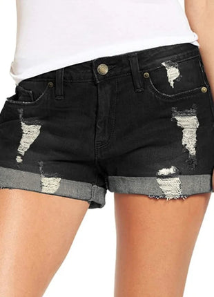 High-End Elastic Ripped Denim Shorts for Women Comfortable Fit Fashionable Tear Design PlatiNum