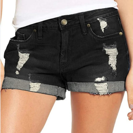 High-End Elastic Ripped Denim Shorts for Women Comfortable Fit Fashionable Tear Design PlatiNum