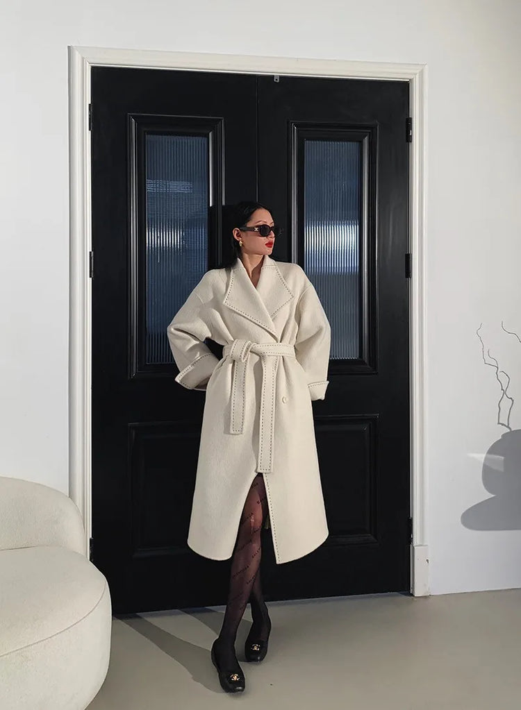 New Solid Korean Style Women Wool Coat Arch Needle Large Neck Versatile Fashion Texture Double Sided Trench Coats Female Winter