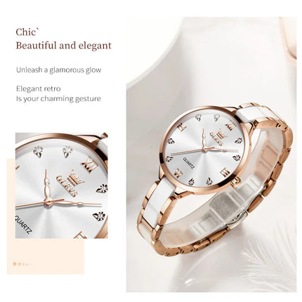 Orologio da donna OLEVS 5872, elegante orologio al quarzo con cinturino in ceramica e acciaio, impermeabile, per donna. platinumshop