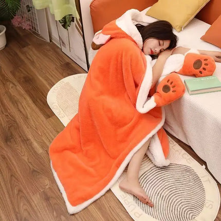 Winter Cartoon Fox Thick Wearable Blanket Nap Cloak Nightgown Office Blanket Adult Cloak