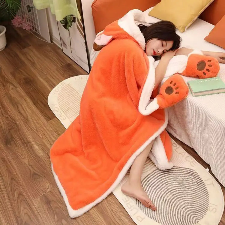 Winter Cartoon Fox Thick Wearable Blanket Nap Cloak Nightgown Office Blanket Adult Cloak