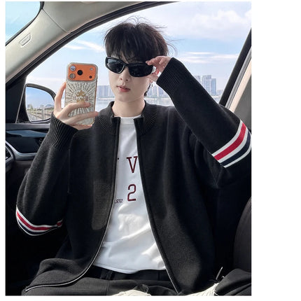 High End Men's Knitted Cardigan Autumn Winter Round Neck Zipper Casual Luxury Brand Classic Trendy Striped Korean Simple Sweater