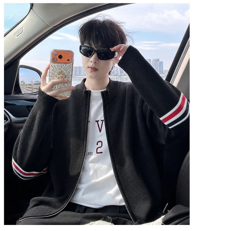 High End Men's Knitted Cardigan Autumn Winter Round Neck Zipper Casual Luxury Brand Classic Trendy Striped Korean Simple Sweater
