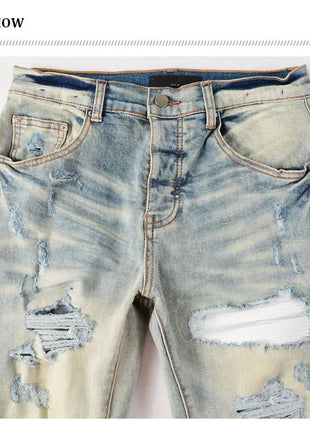 Designer High Street Fashion New Light Blue Men's Jeans Stretch Slimming White Leather Patch Hip Hop Brand Pants HombreY2K PlatiNum
