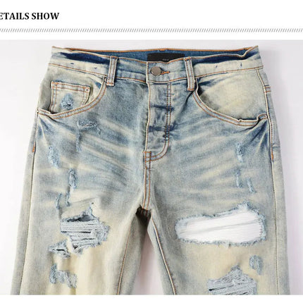Designer High Street Fashion New Light Blue Men's Jeans Stretch Slimming White Leather Patch Hip Hop Brand Pants HombreY2K PlatiNum
