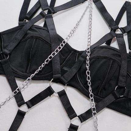 Fashion Sexy Seductive Chain Lingerie Four Piece Set Women's Solid Exotic Apparel Suit Female Stain Pure Desire Style Underwear