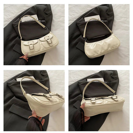 Fashion Pu Leather Women's Shoulder Bag Small Double Pocket Design Ladies Underarm Bags Y2k Vintage Female Handbags Clutch Purse PlatiNum