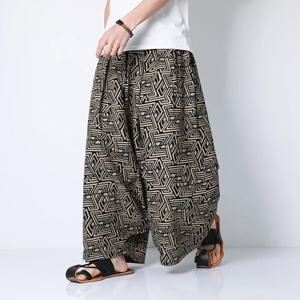 Pantaloni stile cinese uomo retrò Casual gamba larga pantaloni larghi Crossover cotone lino nuovi pantaloni grafici da uomo pantaloni Hip Hop M-5XL