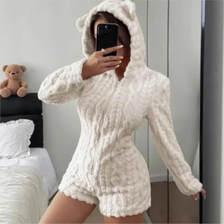 New Autumn Winter Plush Hoody Women's Shorts Jumpsuit Fashion Embroidered Animal Bear Female Casual Home Wear Plush Playsuit