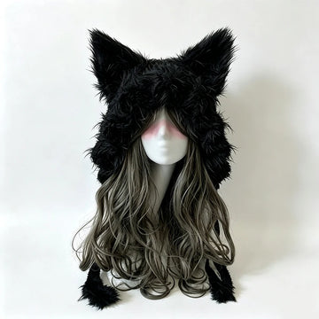 Custom Handmade Crochet Moss Green Fox Ear Hat Women Plush Floral Knitted Beanie Men Goblincore Cosplay Forest Winter Warm Hood