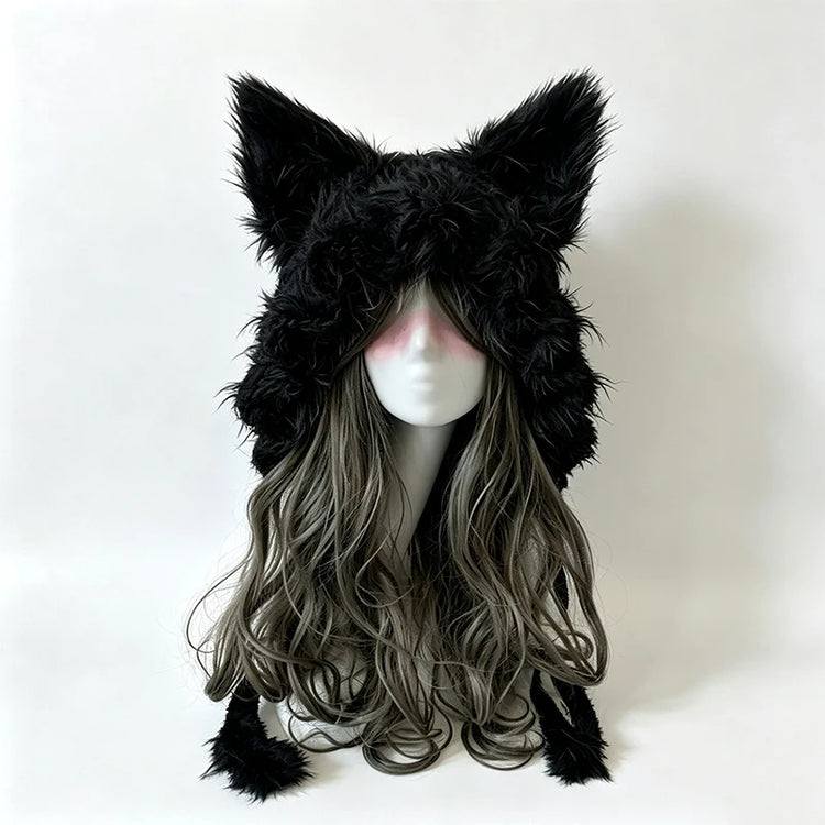 Custom Handmade Crochet Moss Green Fox Ear Hat Women Plush Floral Knitted Beanie Men Goblincore Cosplay Forest Winter Warm Hood