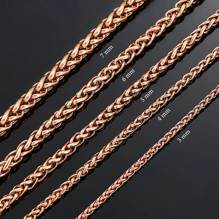3mm/4mm/5mm/6mm/7mm Rose Gold Color Stainless Steel Wheat Braided Necklace Link Classic Curb Chain for Men Women Jewelry PlatiNum