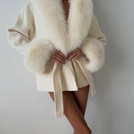 Women's Solid Color Lace Up Fur Collar Woolen Overcoat Bathrobe Style Long Loose Coat Advanced Atmosphere Autumn Winter Overwear