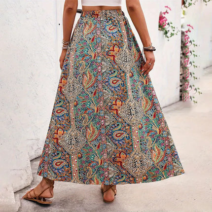 Gonna Lunga Vintage Bohemien con Stampa Etnica da Donna, Gonna Estiva Casual a Vita Alta 2026, Elegante Gonna Boho a Trapezio con Spacco e Pieghe